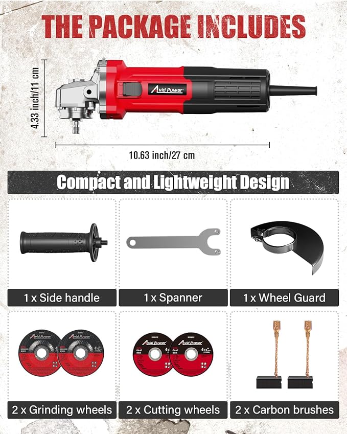 AVID POWER Angle Grinder 4-1/2 inch Electric Grinder Tools 750W 6.5 Amp Metal Grinder, 11500 RPM, with Grinding and Cutting Wheels, Auxiliary Handle, Wrench for Cutting and Grinding
