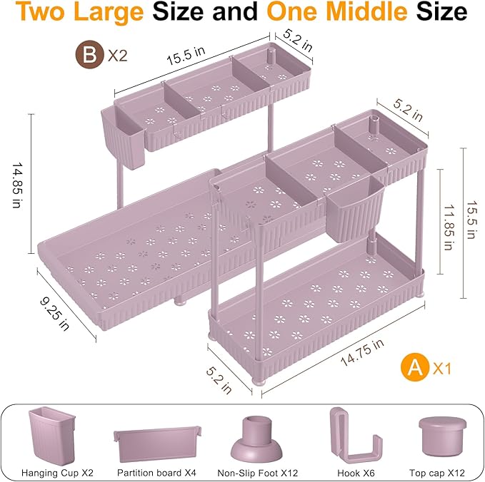 3 Pack Multi-Purpose Under Sink Organizers and Storage, 2025 L-Shaped Pull Out Cabinet Organizer for Bathroom & Kitchen, Under Cabinet Organizer with Hooks Hanging Cup, Pink, 14.85 inch