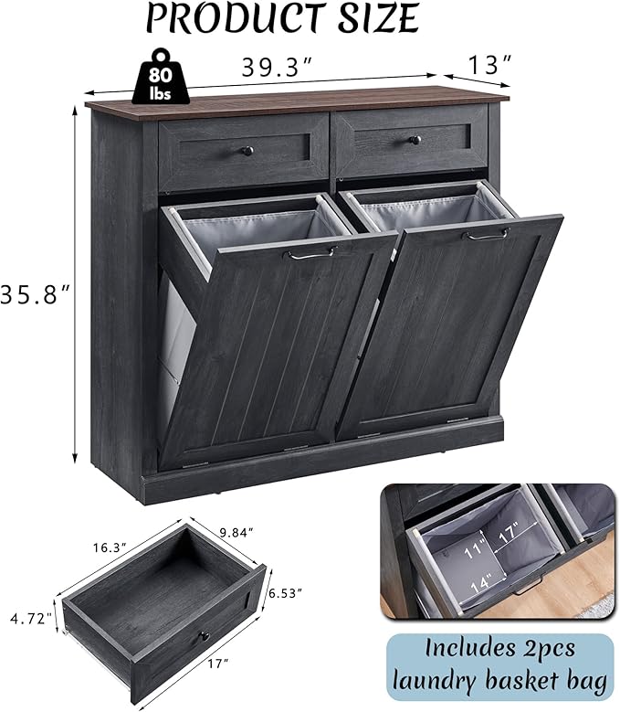 Double Tilt Out Laundry Hamper Cabinet, 20 Gallon Farmhouse Trash Can Cabinet with Drawer, Hidden Wood Garbage Can Bin Cabinet with Laundry Storage Basket for Bathroom, Kitchen, Dark Grey