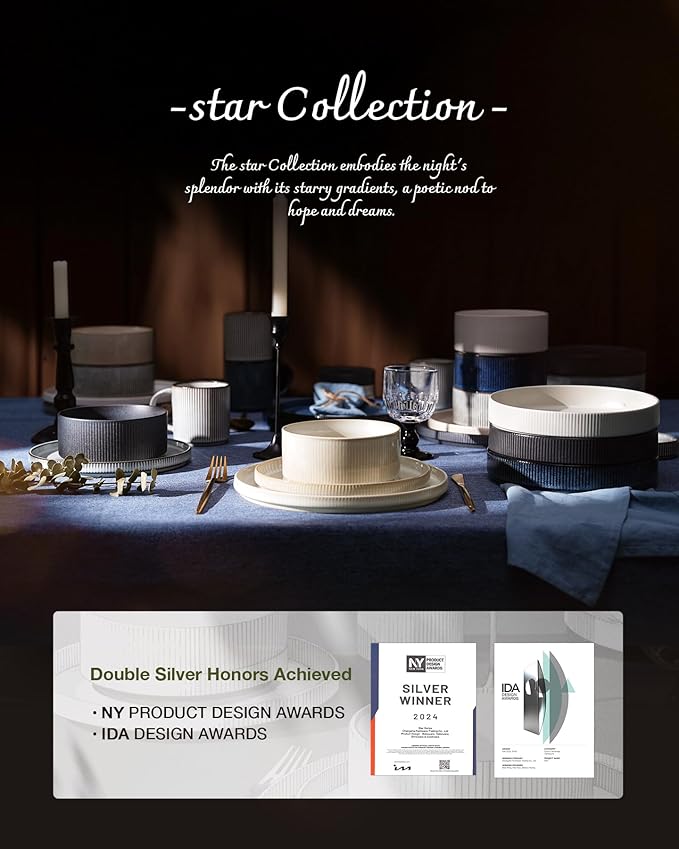 Famiware Star Dinnerware Set with Mugs, Service for 6 (24 Pieces), Ribbed Stoneware Plates and Bowls Dishes Sets - Chip & Scratch Resistant, Microwave & Dishwasher Safe, Matte White