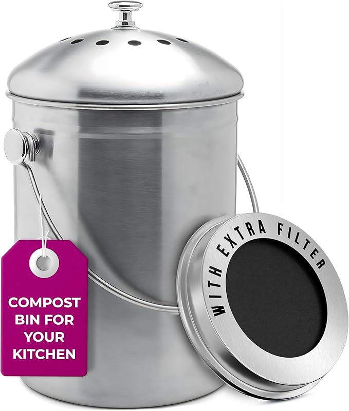 EPICA Countertop Compost Bin Kitchen | 1.3 Gallon | Odorless Composting Bin with Carbon Filters | Indoor Compost Bin with Lid | Stainless Steel Kitchen Composter for Food Scraps & Waste Recycling