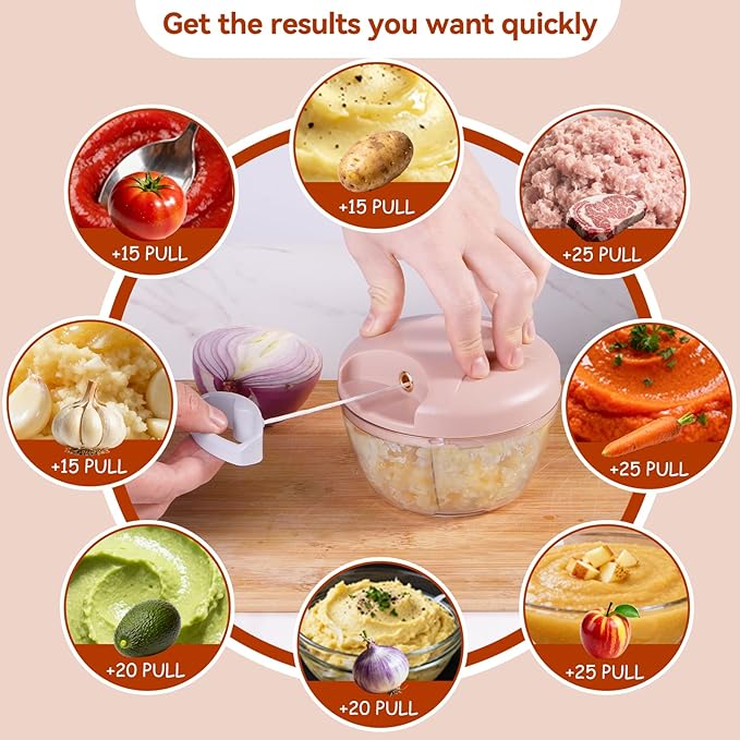Manual Food Processor Vegetable Chopper, Portable Hand Pull String Garlic Mincer Onion Cutter for Veggies, Suitable for Vegetables, Ginger, Garlic, Fruits, Onion, Potato, Salad (Pink 500 ml)