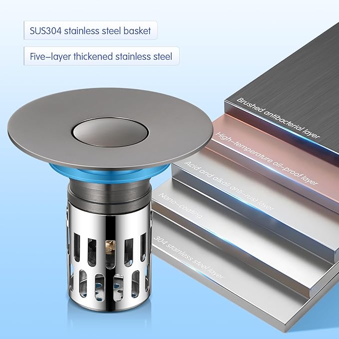 Bathroom Sink Stopper,Pop Up Drain for Bathroom Sink,Sink Stopper Hair Catcher,Silent Popper Core w/Removable Stainless Steel Filter Basket,Sink Drain Plug Fit for 1.05~2.0''Basin(All Metal)