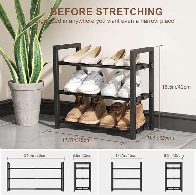 3-Tier Expandable Shoe Rack, Adjustable Shoe Shelf Storage Organizer Heavy Duty Metal Free Standing Shoe Rack for Entryway Closet Doorway (Black)