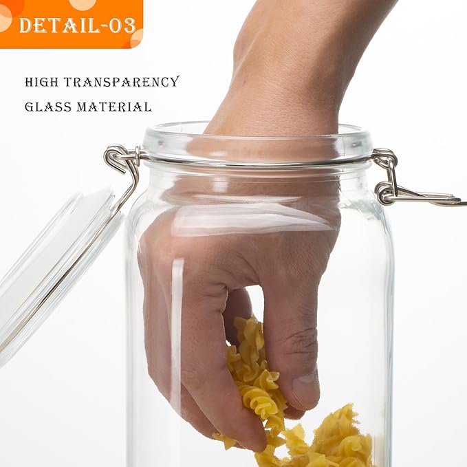 50oz Square Glass Food Storage Jars with Airtight Clamp Lids, 3 Pack Large Kitchen Canisters for Flour, Cereal, Coffee, Pasta and Canning, Mason Jar (Clear 50oz Square - 3 sets)