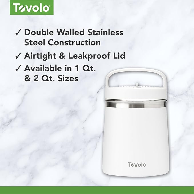 Tovolo 2 Quart Stainless Steel Traveler, Double-Wall Vacuum-Insulated Food Container, 2 Qt. Food Storage & Ice Cream Container, Easy-Carry Handle, Travel Mug for Hot Food & Cold Ice Cream, White