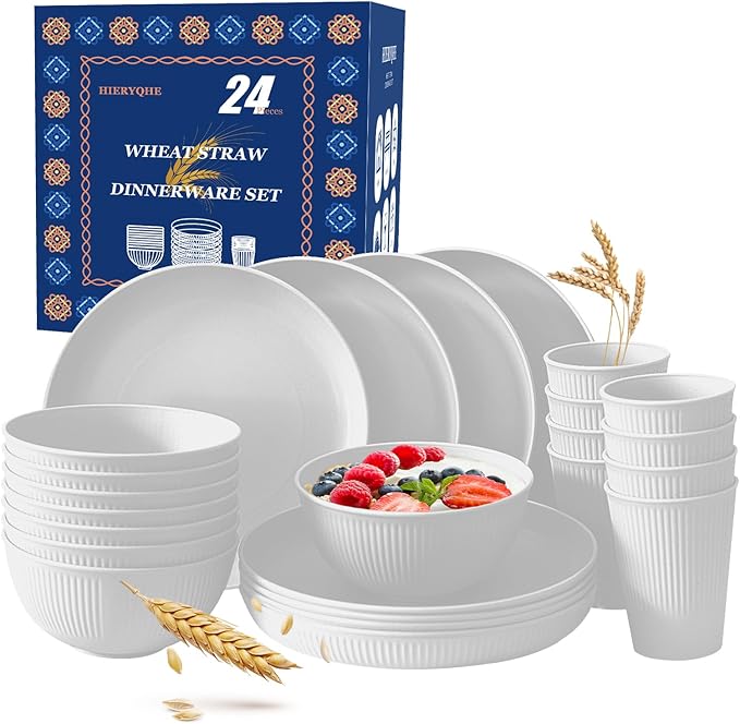 24pcs Wheat Straw Dinnerware Sets For 8, Unbreakable Plates and Bowls Wheat Straw Dinnerware Microwavable Cups Plates and Bowls Sets Shatterproof For Outdoor Kitchen Camping