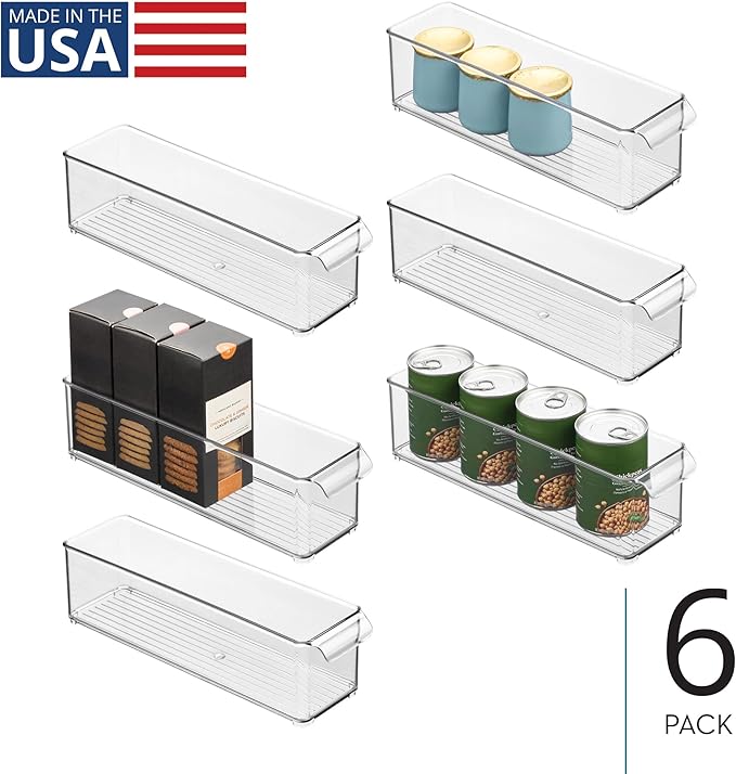 iDesign Stackable Fridge or Freezer Storage Bin with Front Handle, Set of 6, Clear, Made in the USA