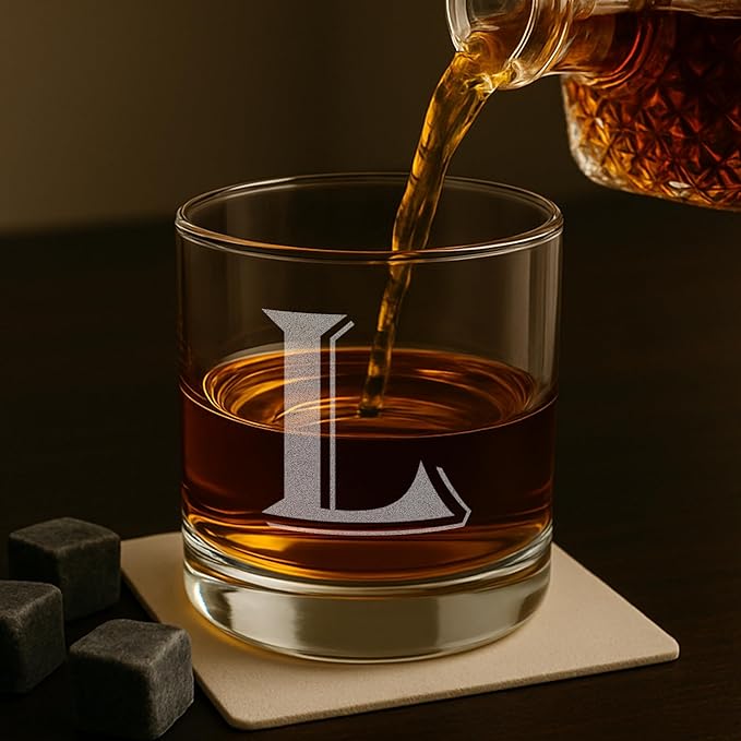 (L-Monogram)- 4 Piece Set of 11 Ounce Engraved Heavy Base Rocks Glasses Elegant Glass-Multi-Purpose Beverage-Rocks Glass- Gift for any Occasion- By: On The Rox