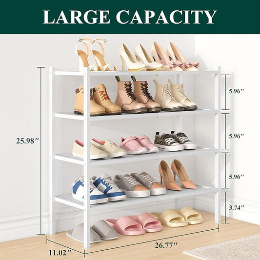Smiry Bamboo Shoe Rack, 4 Tier Shoe Organizer for Entryway & Closet, Stackable Free Standing Storage Shelf for Shoes, Bags & Plants, White