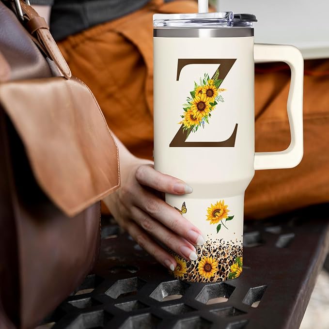 Personalized Birthday Gifts For Women - Sunflowers Monogrammed Cup For Boss Day, Christmas - Customized Gifts For Women, Mom, Wife, Coworkers, Boss Lady, Her - Custom Tumbler With Handle 40oz