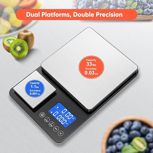 0.001 oz / 33 lb Dual Platform Kitchen Scale, Digital Food Scale with Two Precision Surfaces, LCD Display, 7 Units, Tare & Accumulation Functions – Perfect for Baking, Sourdough, and Cooking