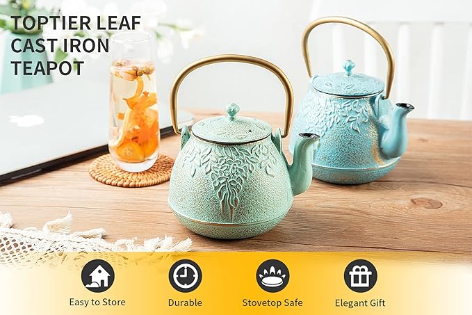 TOPTIER Japanese Cast Iron Tea Kettle with Stainless Steel Infuser, Cast Iron Teapot Stovetop Safe, Leaf Design Teapot Coated with Enameled Interior, 32 Ounce (950 ml), Turquoise Blue
