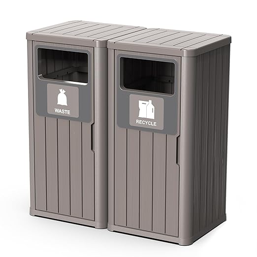 Outdoor Double Barrel Trash Can,Waterproof Resin Garbage Can with Garbage Labels,Durable Waste Bin for Porch, Backyard,Kitchen,for 30 to 39 Gallon Trash Bags
