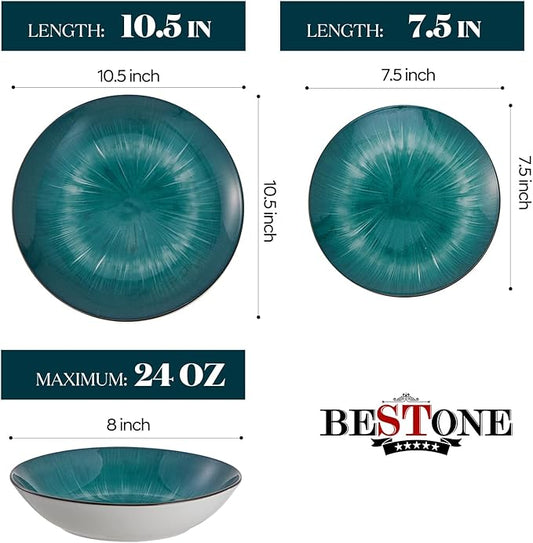 Bestone Porcelain Dinnerware Sets Service for 4, 12 pcs Hand drawn Plates and Bowls Sets, Handmade Ceramic Dish Set, Chip Resistant Modern Plate Set, Dishwasher/Microwave Safe,Starburst Green