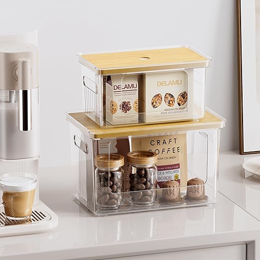 Delamu 2 Pack Acrylic Trash Bag Holder, Stackable Garbage Bag Dispenser with Bamboo Lid, Clear Organizer Bins for Under Sink Organization, Pantry Storage, Cabinet, Kitchen, Laundry, Bathroom