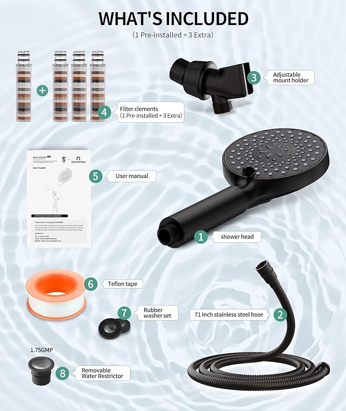 SR SUN RISE Filtered Shower Head with Handheld High Pressure 9 Spray Mode Showerhead Detachable Shower Head Water Softener Filters Beads for Hard Water Remove Chlorine 4 Filters ORB