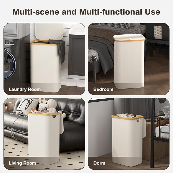 100L Laundry Hamper with Lid, Large Laundry Basket with Bamboo Handles, Clothes Hampers for Laundry with Removable Bag, Dirty Clothes Hampers for Bedroom Aesthetic, Beige