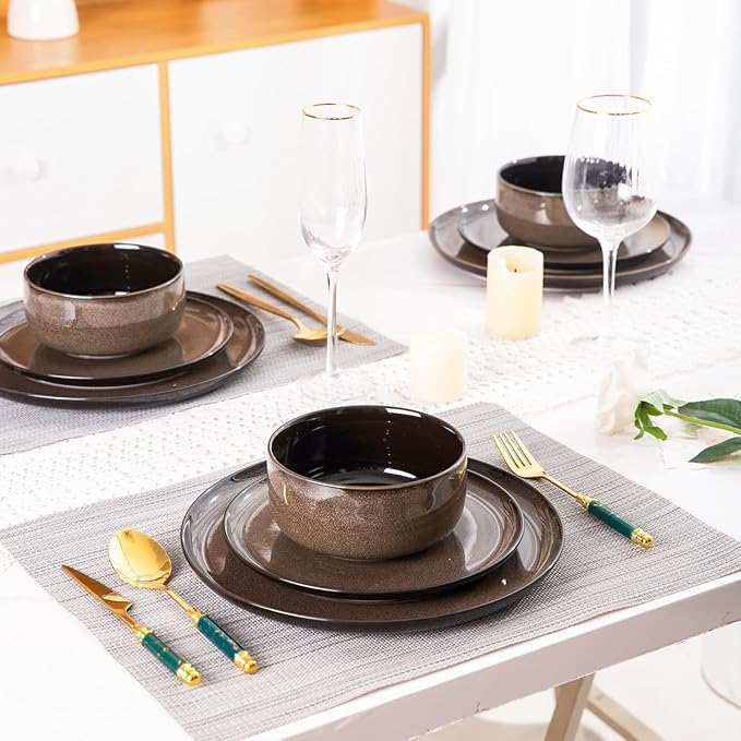 LeRatio Ceramic Dinnerware Sets for 4,12-Piece Plates and Bowls,Handmade Reactive Glaze Dishes Set, Scratch Resistant | Oven&Dishwasher & Microwave Safe,Service for 4(12pcs),Modern-Chestnut