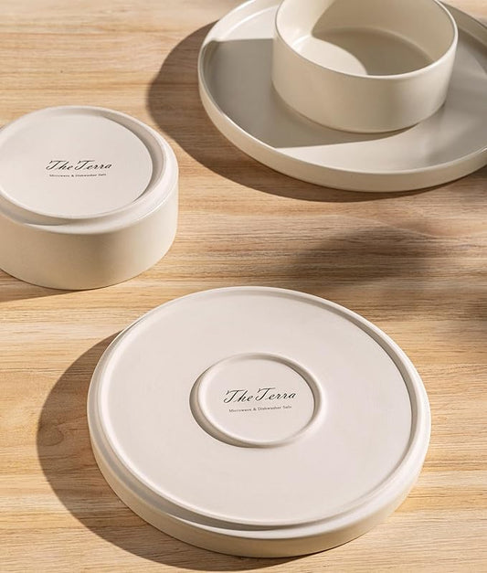 TheTerra Ceramic Dinnerware Sets for 4, 12 Pieces Handmade Reactive Glaze Plates and Bowls Set, Scratch Resistant Dish Set, Oven & Microwave & Dishwasher Safe, Ice Cream