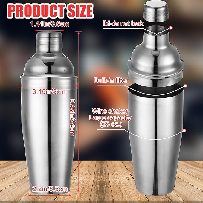 Nitial 6 Pcs Bar Cocktail Shaker Professional Stainless Steel Martini Drink Mixer with Built-in Strainer for Bartending No Leaks Boston Shaker for Bar Party Drink Mixing Tool(25 oz,Silver)