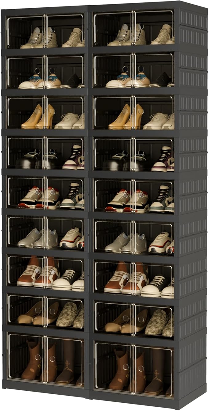 Foldable Shoe Organizer Storage Box Set of 2, Portable Extra Large Folding Shoe Rack for Closet, Shoe Storage Box with Magnetic Transparent Door and Wheels, 9 Layers 18 Grids with 2 Big Grids