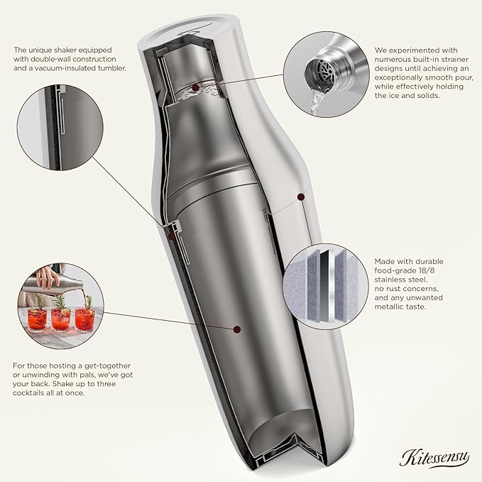 Kitessensu Hybrid Cocktail Shaker | Vacuum Insulated Stainless Steel Martini Shaker with Double Wall Martini Cup | Integrated Measuring System | Tumbler Lid & Cocktail Recipes Included | Crown