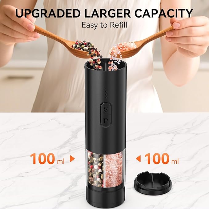 2 in 1 Electric Salt and Pepper Grinder Set, USB Rechargeable, Automatic Salt and Pepper Mill Shakers with Battery Display, LED Light, Adjustable Coarseness Ideal for Kitchen Gift(Black)