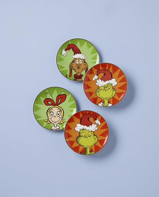 Lenox 898093 Merry Grinchmas Tidbit Plates, Service For 4, Assorted, Christmas Dishes, Dinnerware Set, Holiday