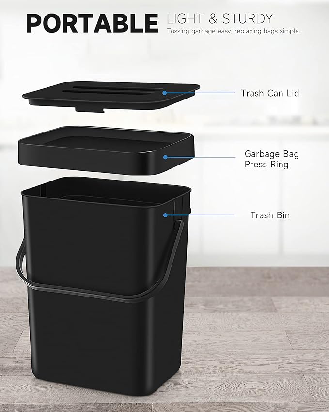 Countertop Compost Bin - 1.3 Gallons Hanging Small Trash Can with Lid for Kitchen Bathroom, Under Sink Kitchen Trash Can, Indoor Counter Compost Bucket with Lid, 5L(Black)