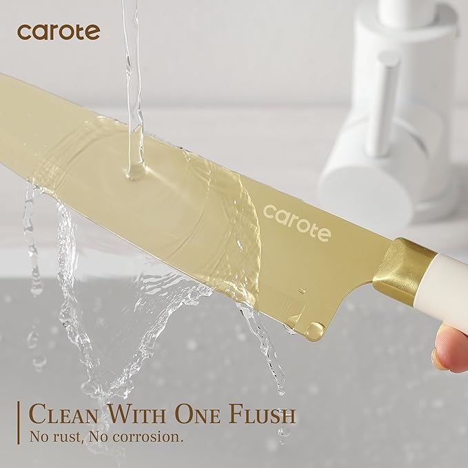 CAROTE 12PCS Kitchen Knife Set, Healthy Gold Titanium Coating Knife Set, Dishwasher Safe with 6 Blade Guards, Rustproof Stainless Steel Cutlery Set, White and Gold