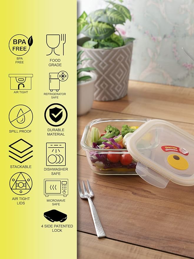 LOCK & LOCK Purely Better Glass Food Storage Container with Steam Vent Lid, Square-17 oz, Color may vary