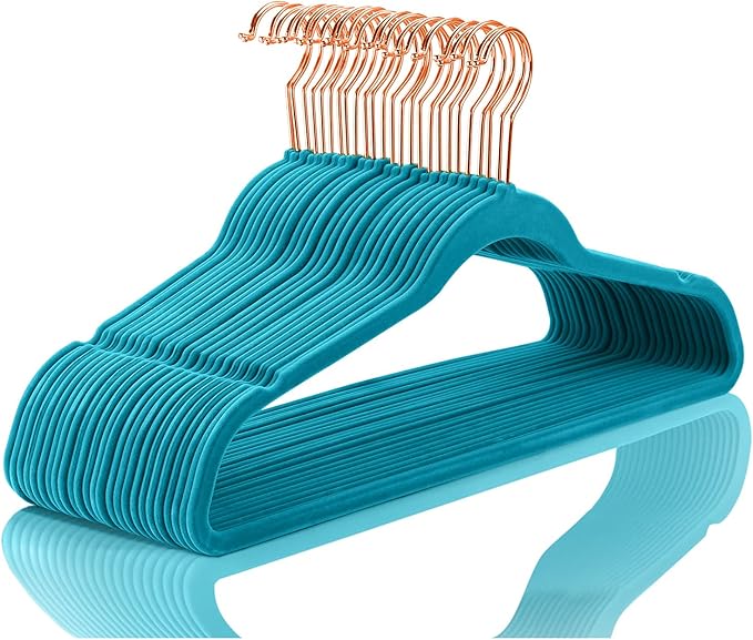 MIZGI Premium Velvet Hangers (50 Pack) Heavy Duty - Non Slip Felt Suit Hanger Teal/Turquoise - Rose Gold Hooks,Space Saving Clothes Hanger