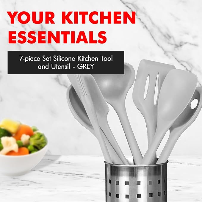 Chef Craft - Premium Silicone Kitchen Tools and Utensils Set, Non-Scratch, Withstands Temperatures up to 450°F, BPA-Free, 7 Piece Cooking Utensils Set, Gray