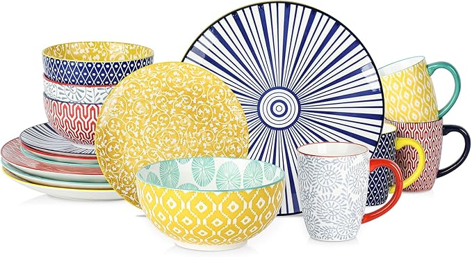 Selamica Ceramic Dinnerware Sets for 4, 16 Pieces Plates and Bowls Sets, Dishes set for 4-Chip and Scratch Resistant, Dishwasher&Microwave Safe, Assorted Colors