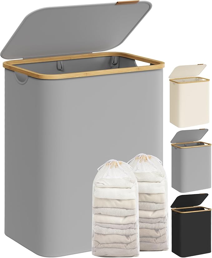 SONGMICS Laundry Hamper with Lid, 2-Section Large Laundry Basket, 34.3-gallon (130L), Removable Mesh Liner, Bamboo Handles, Collapsible, 20.5 x 15.2 x 27.8 Inches, Dove Gray ULCB513G01