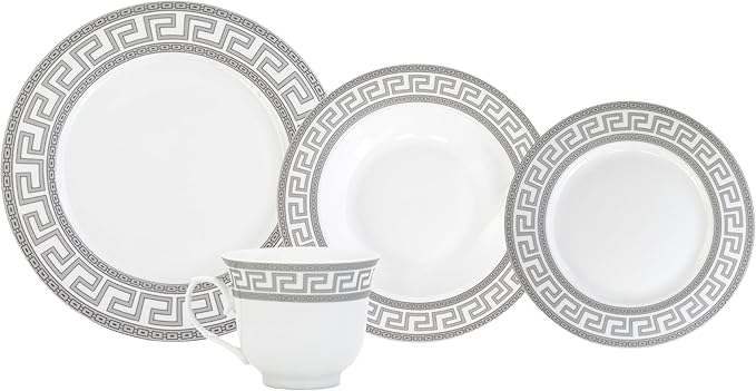 Dinnerware Set for 8-49 Piece Vintage Porcelain Dish Set - White and Silver Greek Key Design - Luxurious Tableware - For Everyday Use or Formal Occasions (Meander Silver 2049)