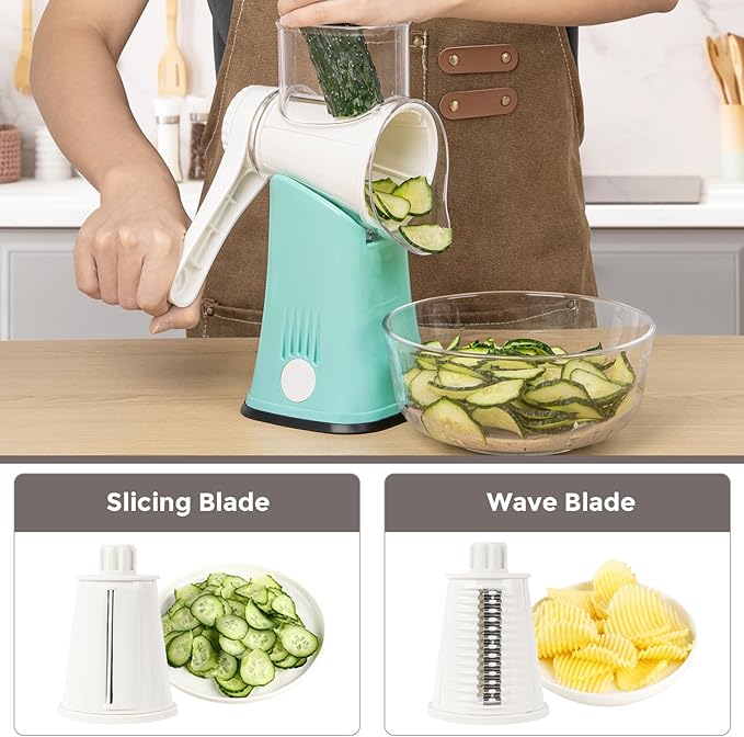 X Home 5-in-1 Rotary Cheese Grater for Kitchen, Upgraded Hand Crank Shredder with Stronger Suction Base & Multifunctional Drum Blades, for Cheese, Vegetables and Nuts, Easy to Use and Clean, Blue