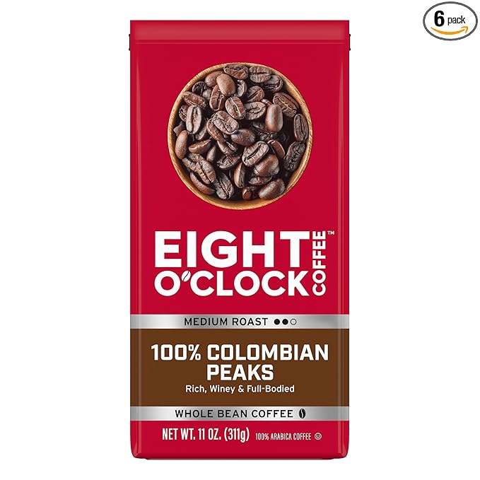 Eight O'Clock Coffee 100% Colombian Peaks Whole Bean Coffee, Medium Roast, 11 Ounce (Pack of 6) - Rich, Winey & Full Bodied