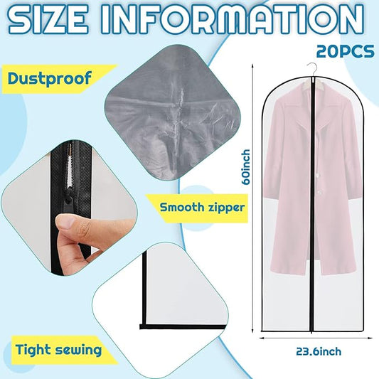 Amylove 20 Pcs 72/60/40 Inch Clear Garment Bags for Hanging Clothes, Dress, Gown, Coat & Suit Storage Bags with Zipper - Dustproof Cover for Closet Clothes Storage Travel(24 x 60 Inch)