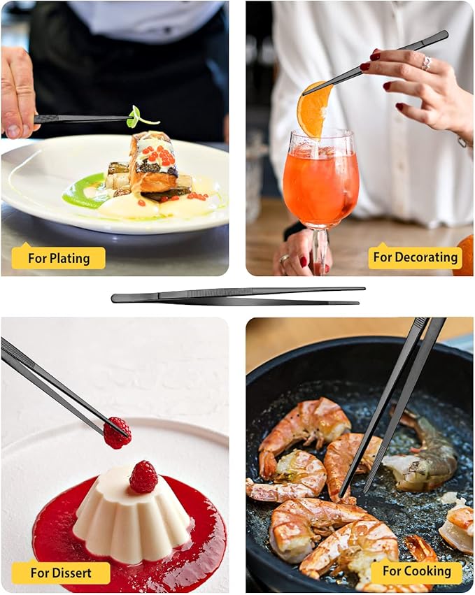 4 Pcs Fine Long Tweezer Tongs Professional Black, 12'' and 10'' Stainless Steel for Kitchen, Food, Cooking, Repairing, Sea food and BBQ