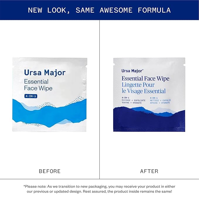 Ursa Major Essential Face Wipes | Natural, Biodegradable, Cruelty-Free | Cleanse, Exfoliate, Soothe and Hydrate | Individually Wrapped | 40 count