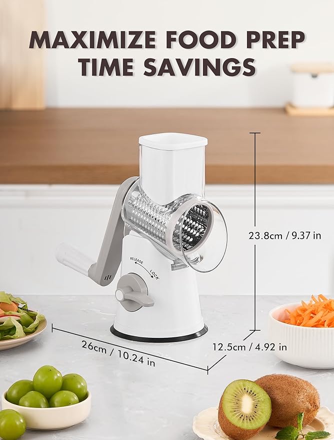 GDL Rotary Cheese Grater, Upgraded 5-in-1 Cheese Grater Hand Crank, Multi-purpose Cheese Shredder with Handle, Vegetable Slicer Cutter Ice Shaver for Potato, Carrot, Nuts, Chocolate