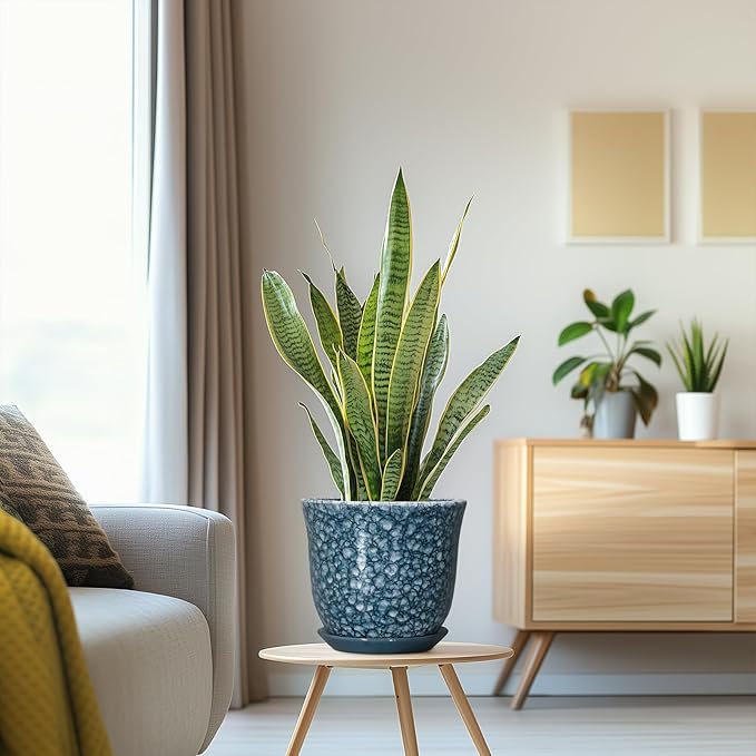 8 Inch Plant Pot - Ceramic Planter for Indoor Outdoor, Round Planter with Drainage Hole and Saucer, Modern Planters, Decorative Flower Pot, Garden Room Office Home Decor, Garden Gifts, Blue