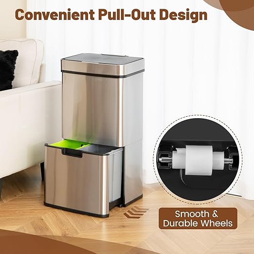Goplus 19 Gal Stainless Steel Trash Can, 72 L Volume in 4 Containers, Motion Sensor Trash Bin w/Kitchen Waste Bin & 2 Bottom Recycling Bins, Touchless Garbage Can w/Soft Close Lid, Battery Operated