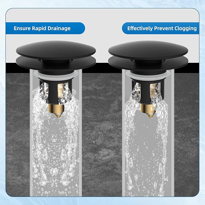 iFealClear Universal Black Bathroom Sink Stopper, Metal Pop Up Sink Drain Strainer with Hair Catcher, Fit 1.1"-2.36" US Basin, Wash Basin Drain Plug, Big Cover Cap, Brass Bounce Core, Matte Black