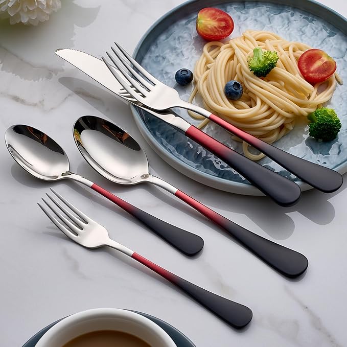Colorful Silverware Set 20 Piece 18/0 Stainless Steel Flatware red and black Handle Cutlery Set Service for 4 Fork Knife Spoon Set Mirror Finish Dishwasher Safe