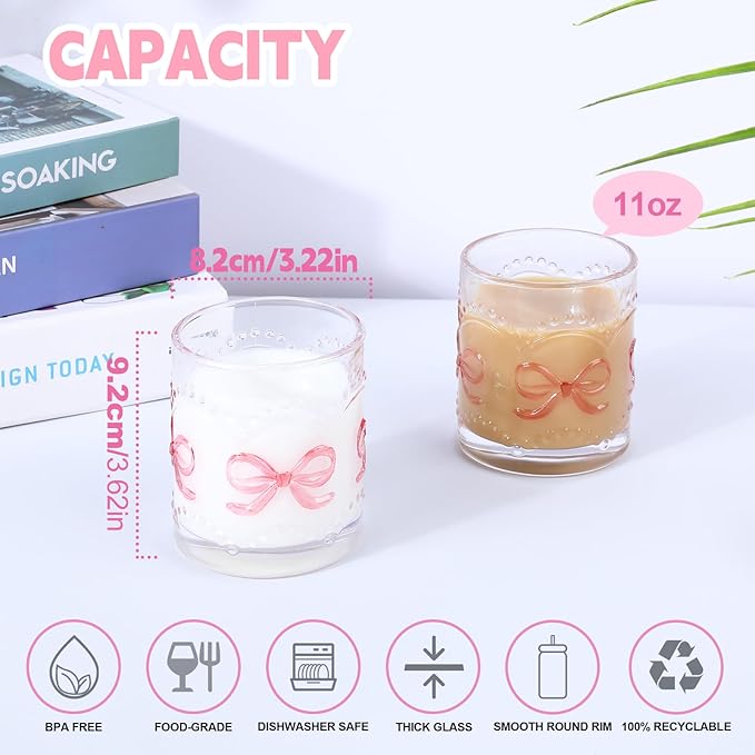 11OZ Ribbed Glass Coffee Cups Set of 6, Vintage French-Style Glasses with Delicate Pink Bow and Dot Relief, Elegant and Durable Glassware for Hot and Cold Beverages, Thick-Bottomed and Dishwasher Safe