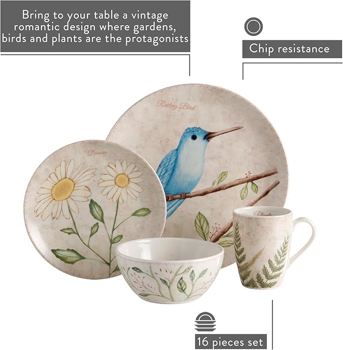 Corona 16–piece Birds Nature Garden Inspired Ceramic Dinnerware Sets | Plates Bowls and Mugs | Service For 4 | Lovely Garden