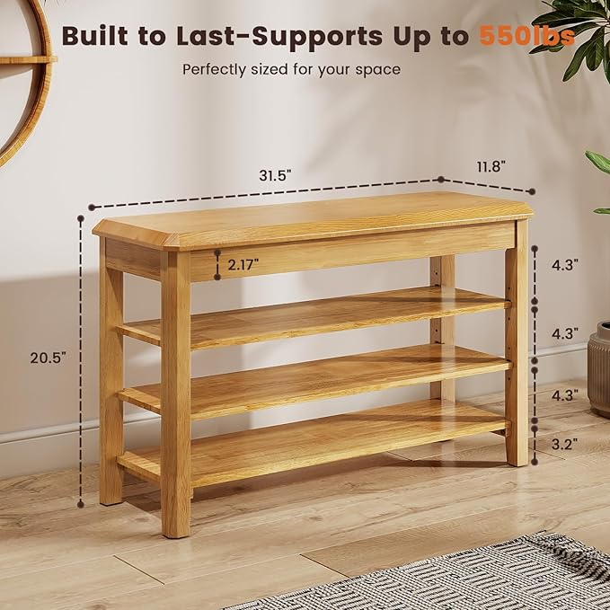Shoe Rack Bench Seat Rubberwood 3-Tier Wooden Storage Bench 550lbs Compact Mid-Century Modern Design for Entryway, Hallway, Closet, Front Door Entrance, Foyer